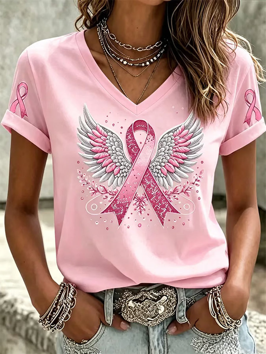 Ruban rose Art Print Support de sensibilisation au cancer du sein T-shirt à manches courtes pour femmes