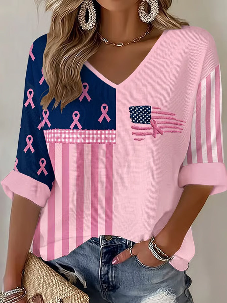 Ruban rose et drapeau pour femme Soutien de la sensibilisation au cancer du sein T-shirt gaufré