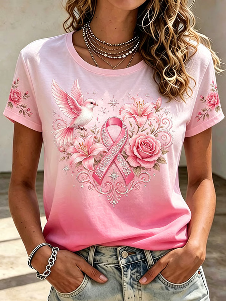 Femmes Rose Floral & Colibri Imprimer Cancer Du Sein Sensibilisation Soutien Lin Haut