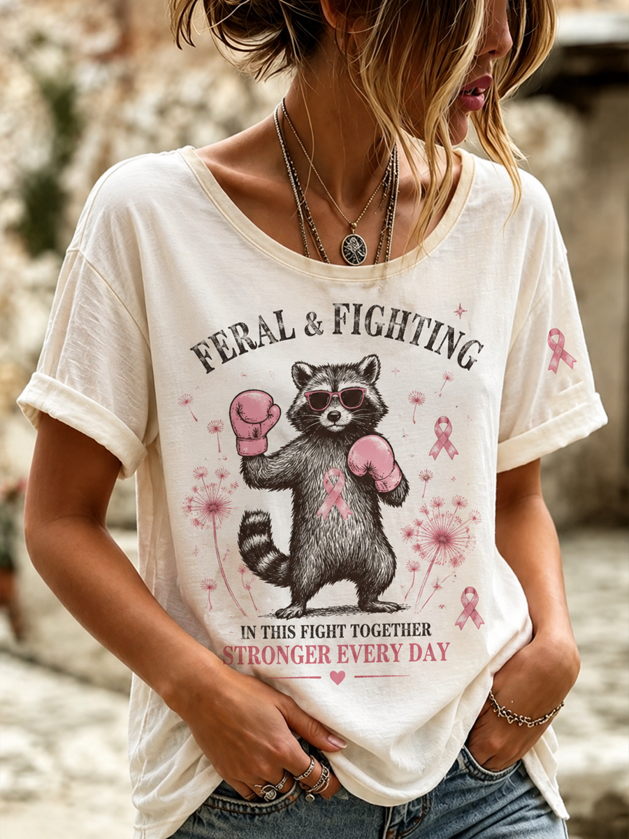 T-shirt femme à manches courtes en lin, imprimé «Lutte contre le cancer du sein»