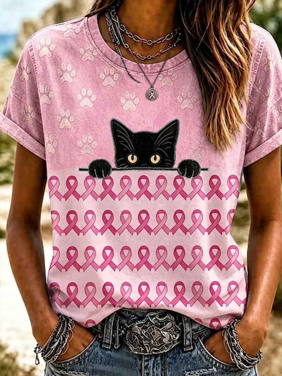 T-shirt Femme Rose Chat Ruban Manches Courtes