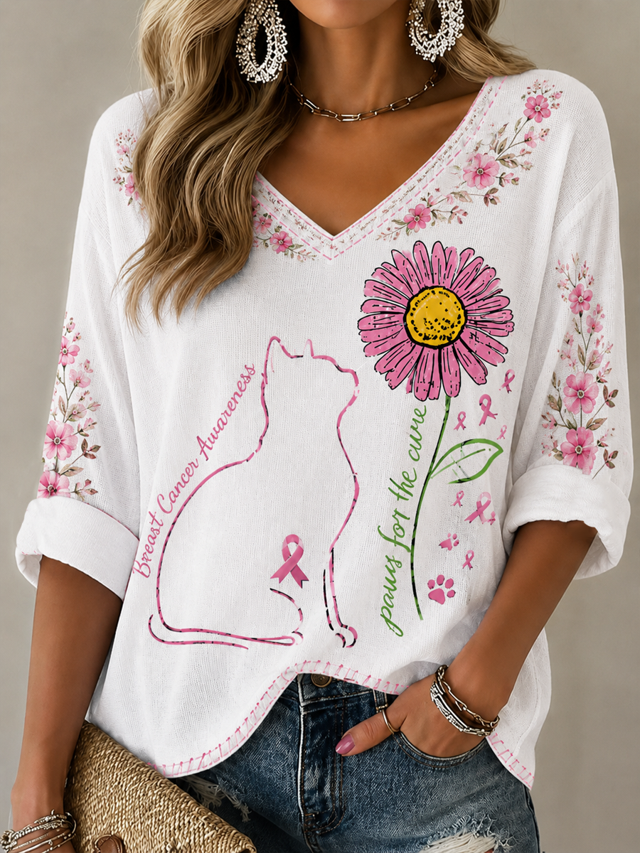 T-shirt col en V manches mi-longues imprimé cancer du sein pour femmes
