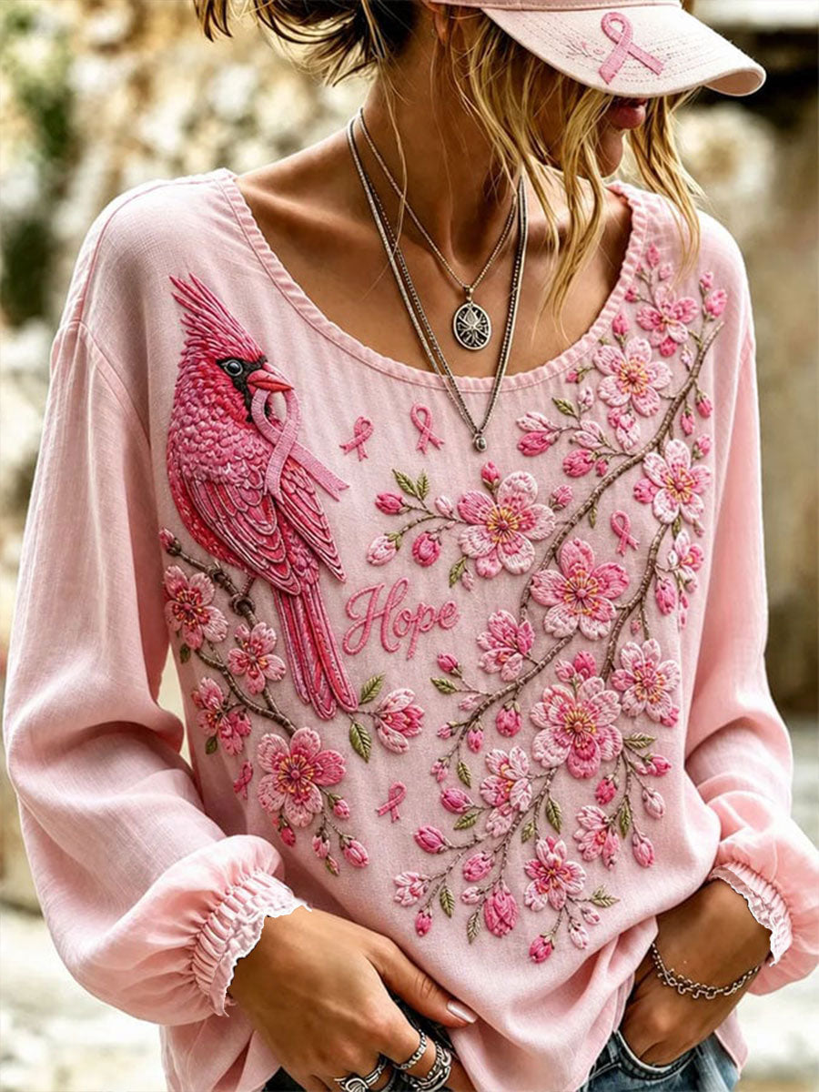 Chemise Femme Cancer Du Sein Fleurs Et Oiseaux Coton-Lin