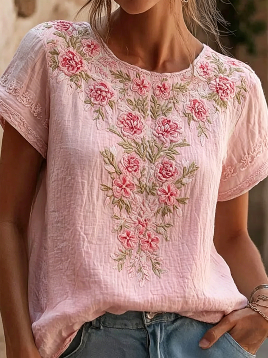T-shirt décontracté imprimé fleurs roses cancer du sein pour femmes