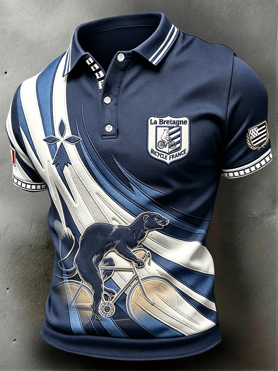 Polo décontracté pour homme, blanc breton, motif vison, imprimé cyclisme
