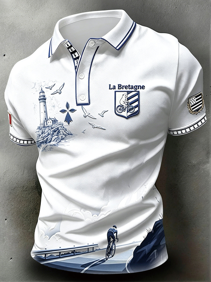 Polo de cyclisme décontracté blanc pour homme à imprimé breton