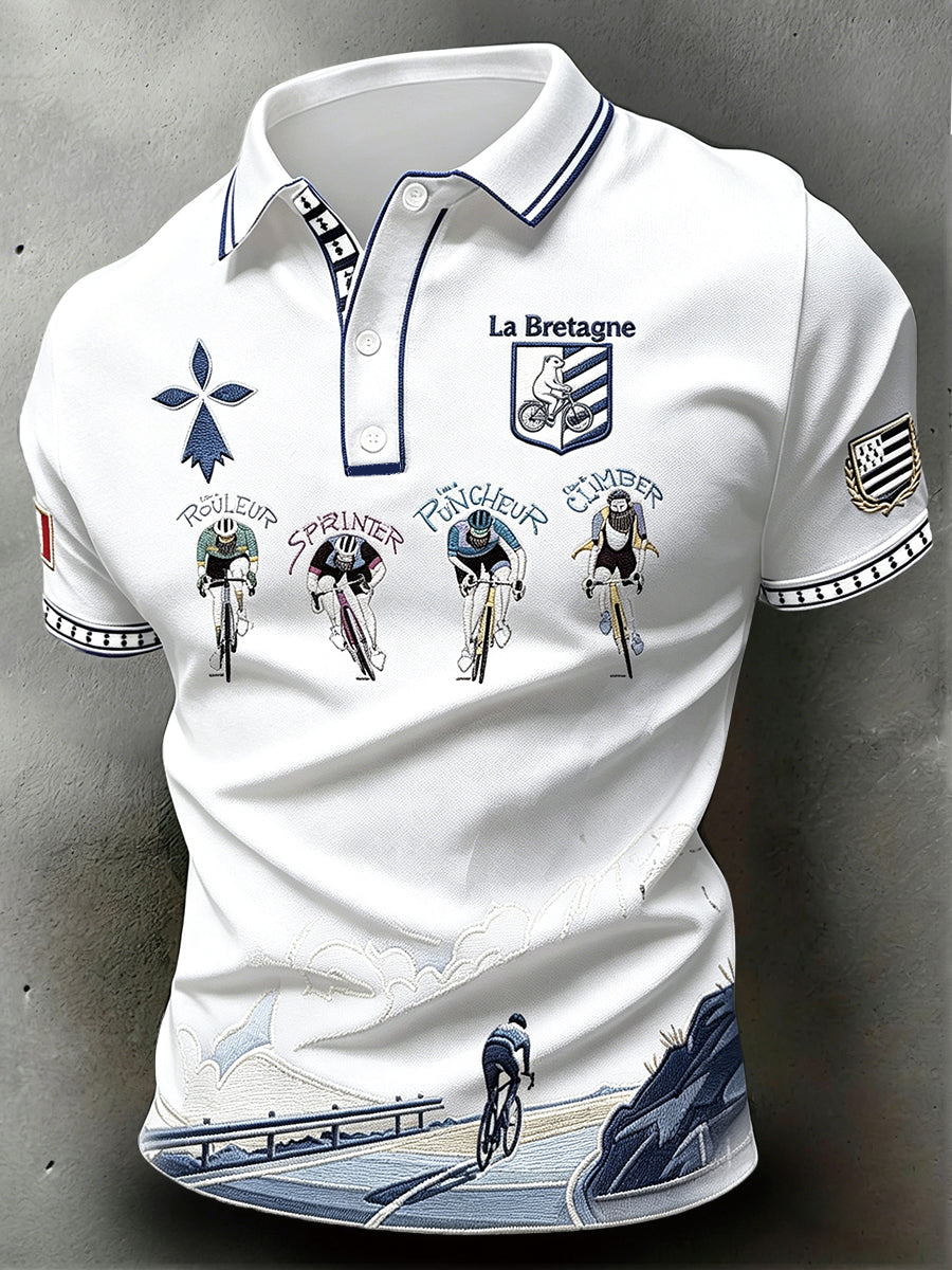 Polo décontracté blanc pour homme à imprimé vélo breton français