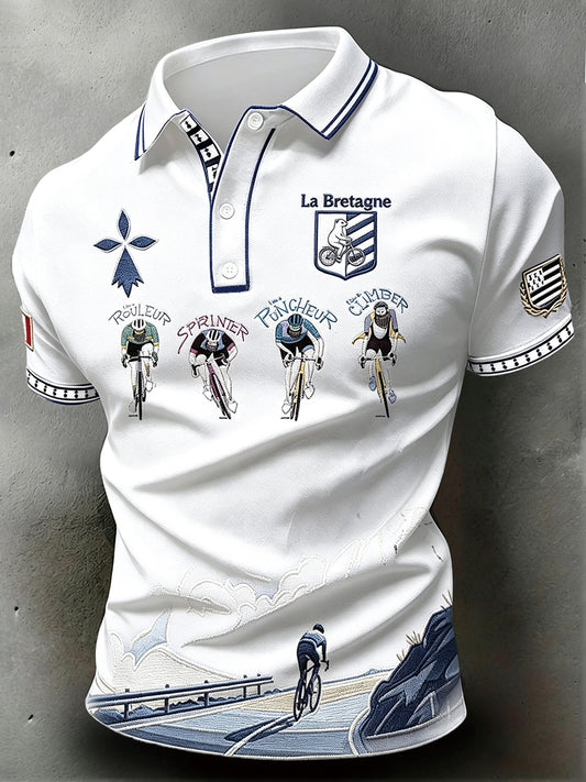 Polo décontracté blanc pour homme à imprimé vélo breton français