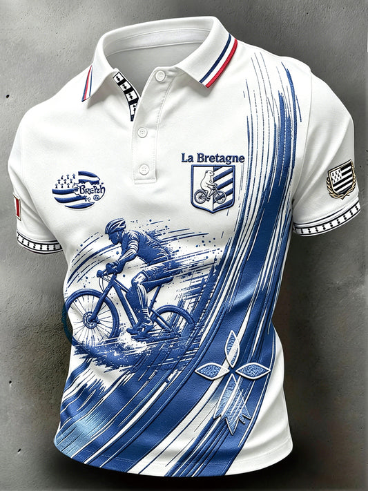 Polo décontracté imprimé bleu cyclisme Bretagne pour homme