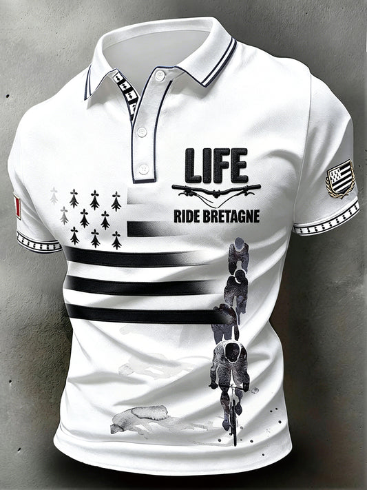 Polo décontracté blanc pour homme, imprimé vélo de Bretagne française