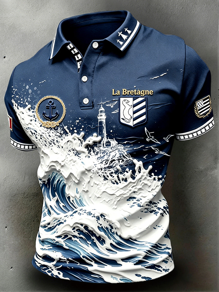 Polo de sport décontracté pour homme, imprimé vagues de Bretagne, style français