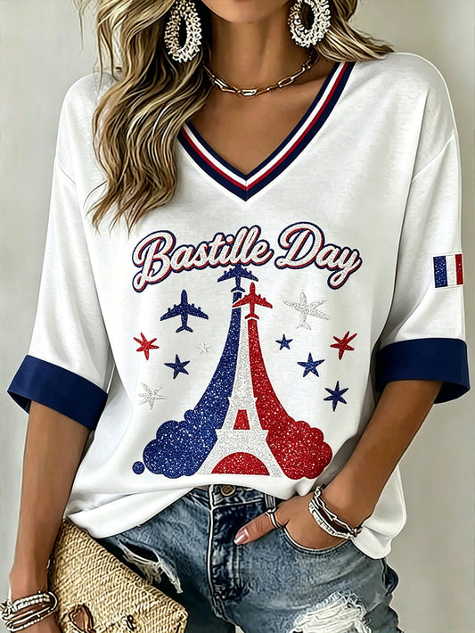 T-shirt femme à manches mi-longues et col en V, motif français imprimé