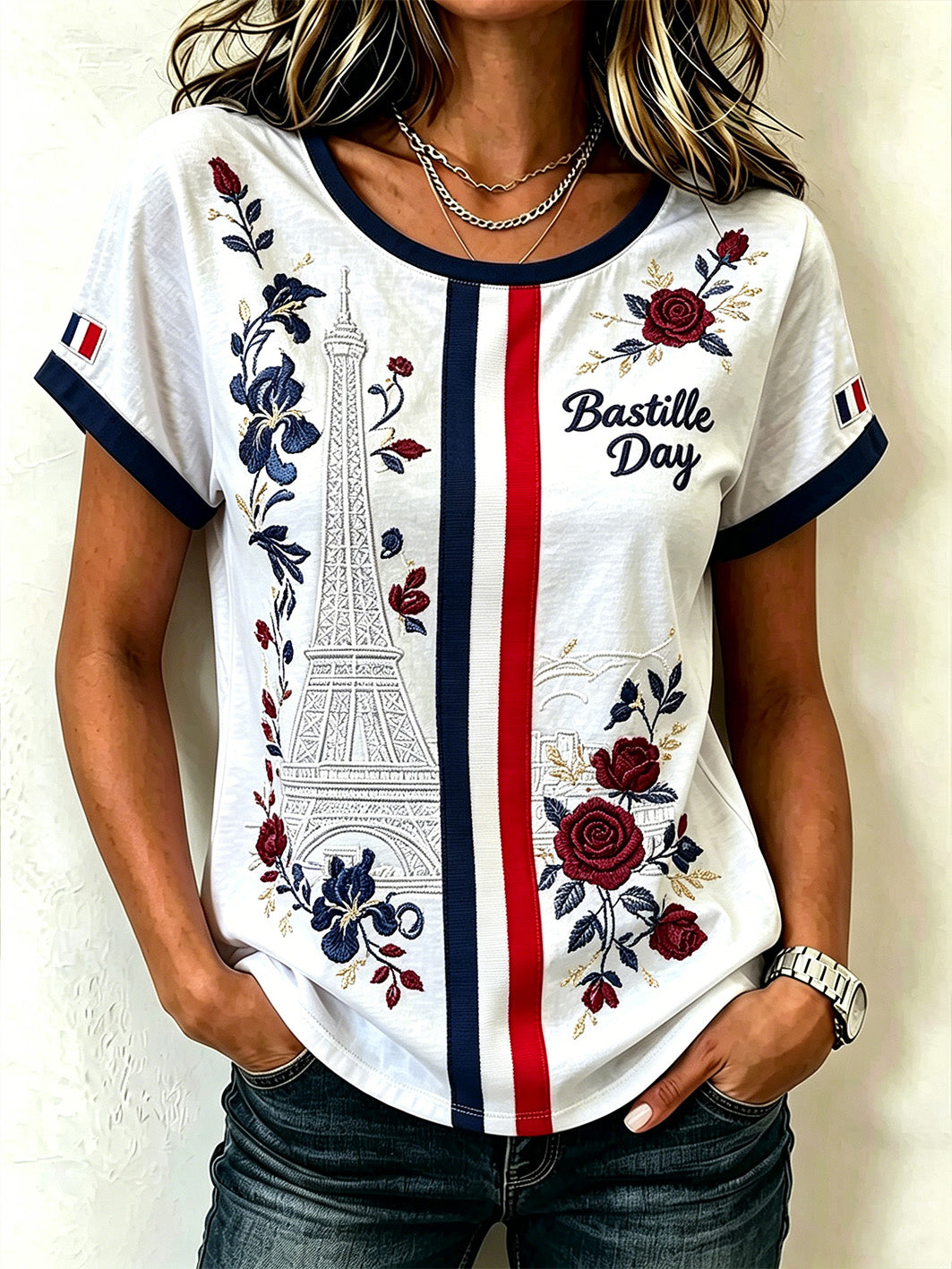 T-shirt femme à manches courtes imprimé à motifs français