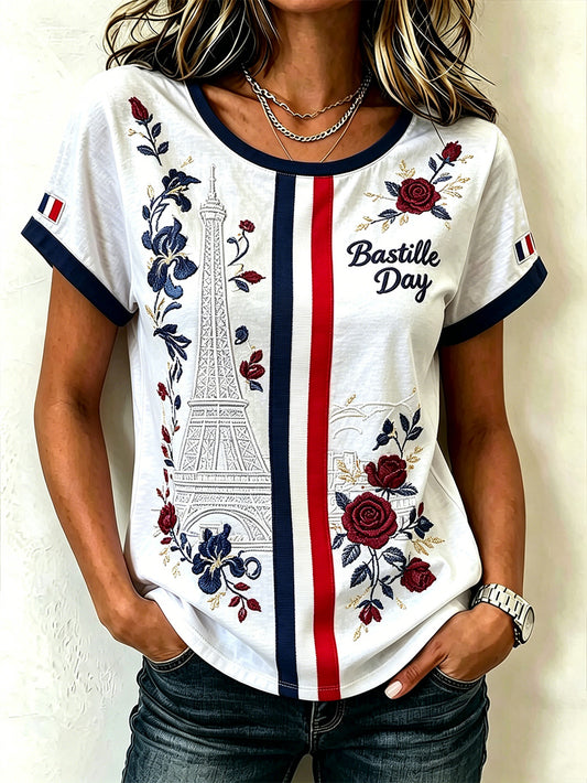 T-shirt femme à manches courtes imprimé à motifs français