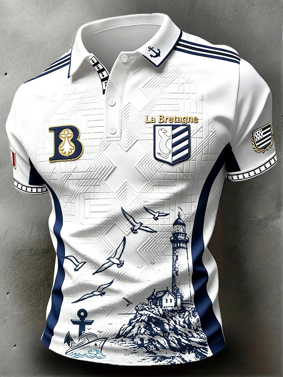Polo de sport décontracté pour homme, blanc, à imprimé phare, style breton