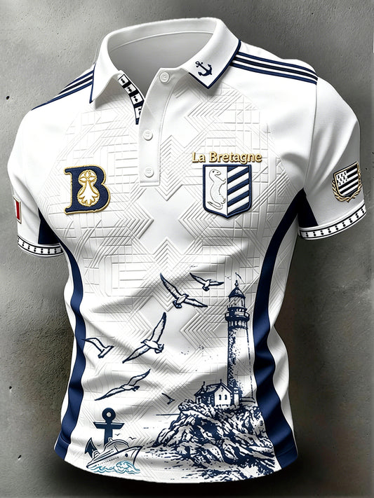 Polo de sport décontracté pour homme, blanc, à imprimé phare, style breton