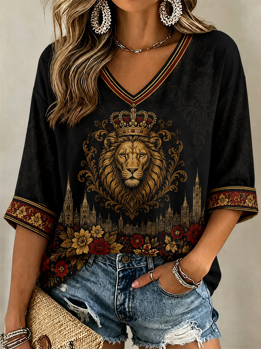 T-shirt décontracté à col en V pour femme, imprimé Belgique