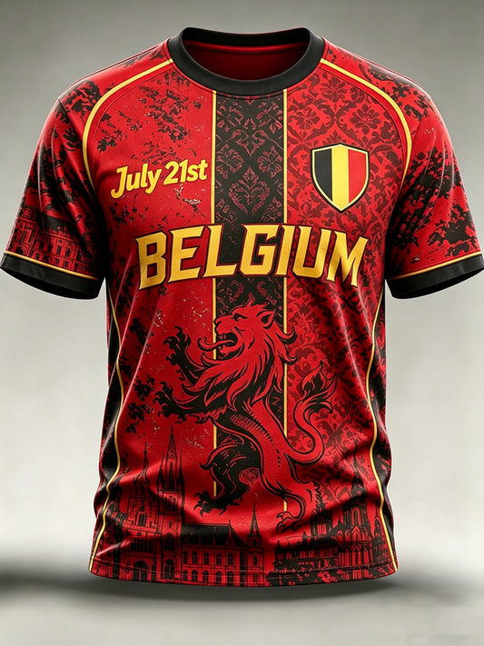 T-shirt vintage à manches courtes, ample, imprimé, à la mode, pour la fête nationale de la Belgique, pour hommes