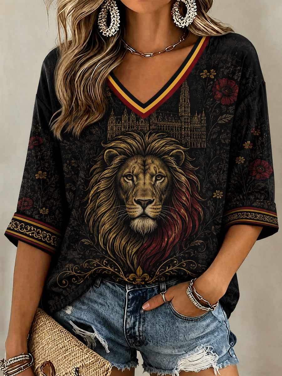 T-shirt décontracté à col en V pour femme, imprimé Belgique