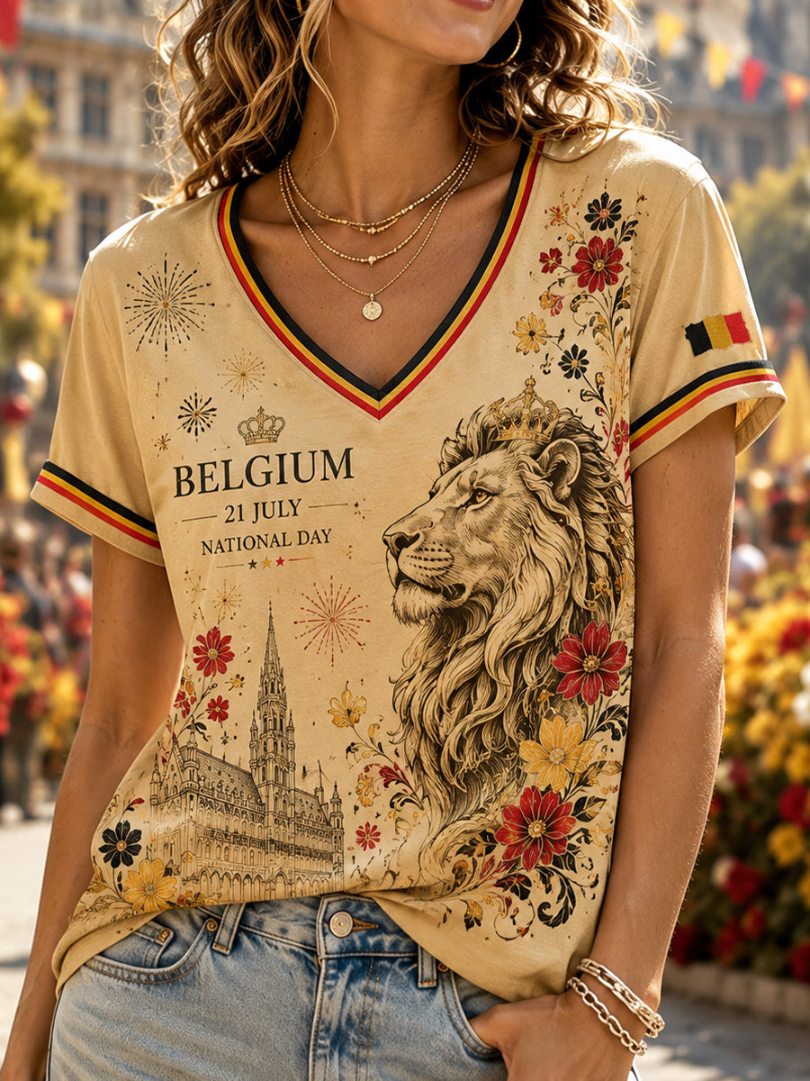 T-shirt à manches courtes et col en V, imprimé sur le thème de la Journée nationale des femmes