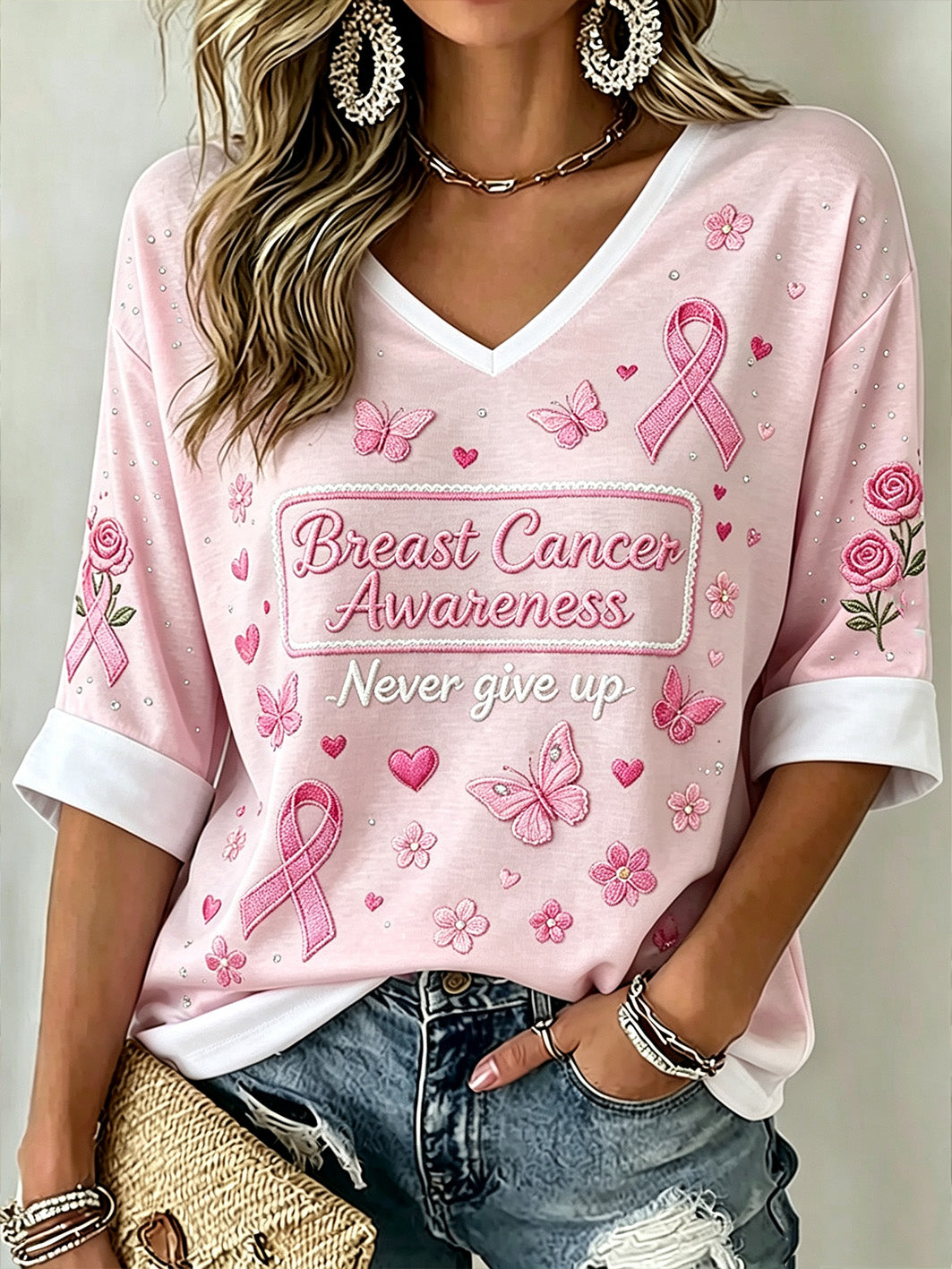 T-shirt à col en V imprimé à manches mi-longues pour femmes, motif principal de sensibilisation au cancer du sein