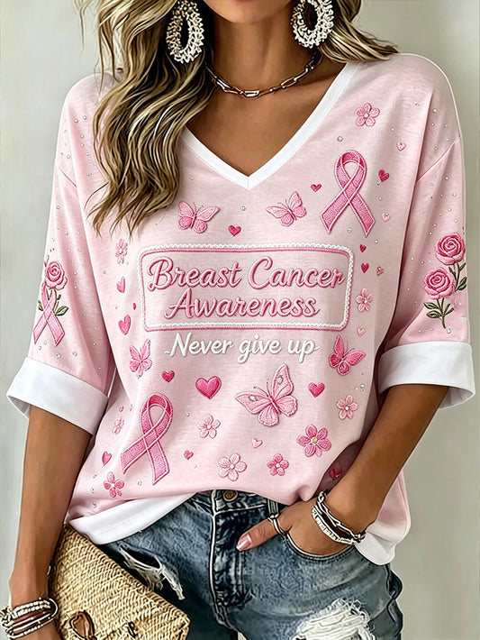 T-shirt à col en V imprimé à manches mi-longues pour femmes, motif principal de sensibilisation au cancer du sein