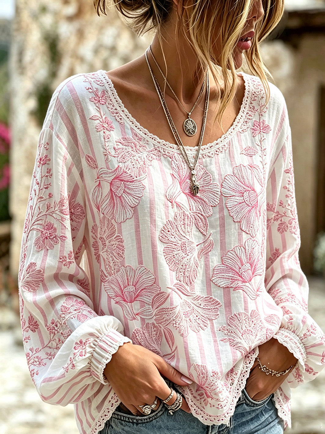 Chemise décontractée en coton et lin pour femme, à motif floral rose