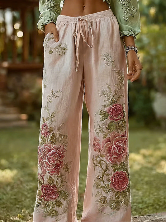 Pantalon long décontracté imprimé à motif floral pour femmes