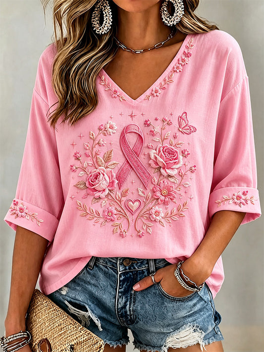 Femmes Rose Imprimé Floral Soutien de sensibilisation au cancer du sein Demi-manches V-Neck Tee