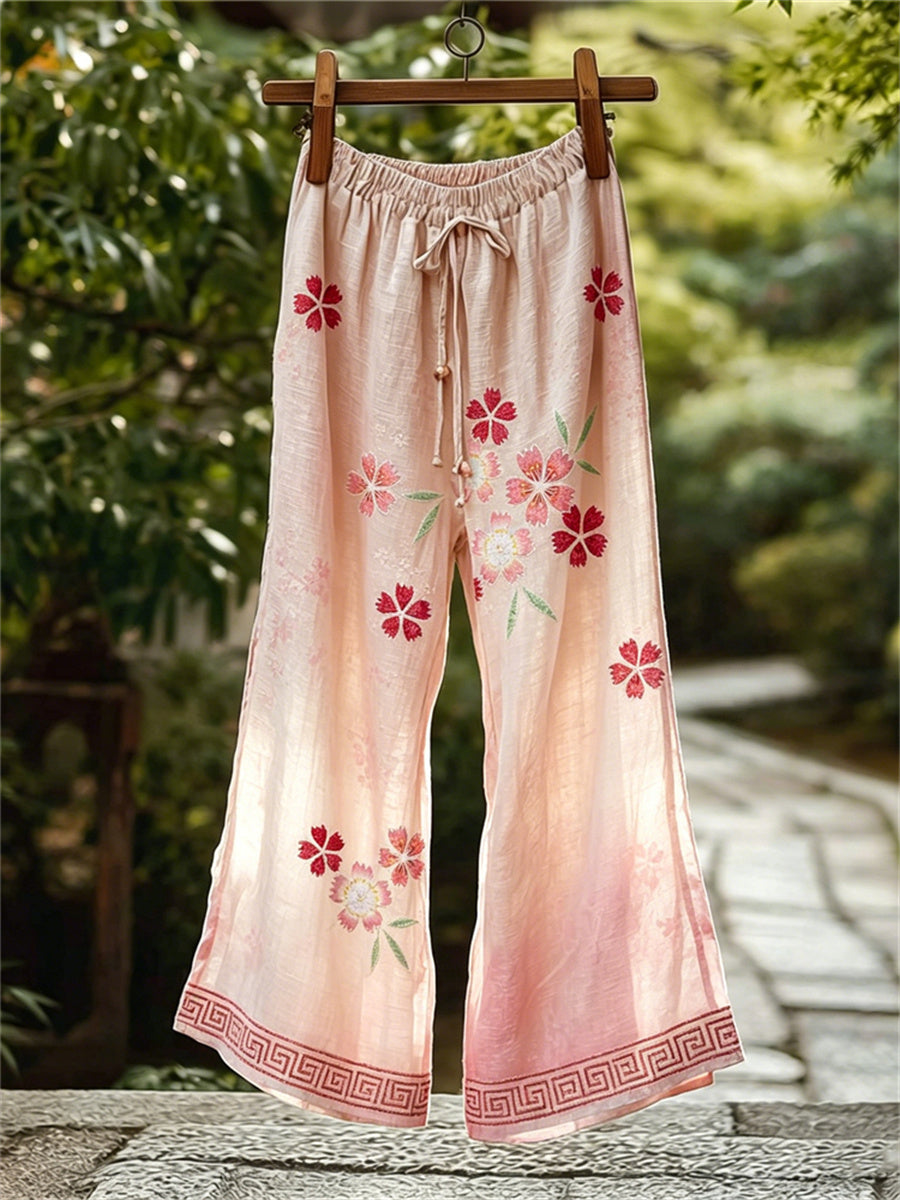 Femmes Japonais Cherry Blossom Traditional Art Print Flowy Pantalon large en lin
