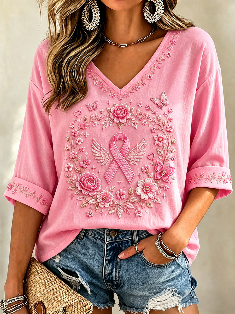 T-shirt rose à manches mi-longues et col en V, imprimé floral, en soutien à la sensibilisation au cancer du sein