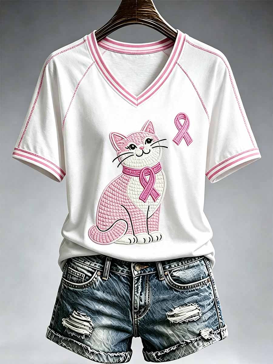 T-shirt imprimé de conscience de cancer du sein de modèle de chat des femmes
