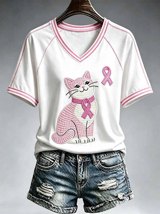 T-shirt imprimé de conscience de cancer du sein de modèle de chat des femmes