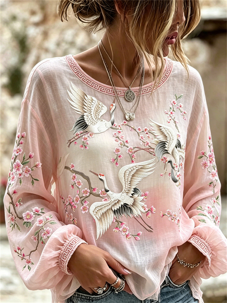 Chemise en coton-lin chic femme grues volantes et fleur de cerisier imprimé art japonais