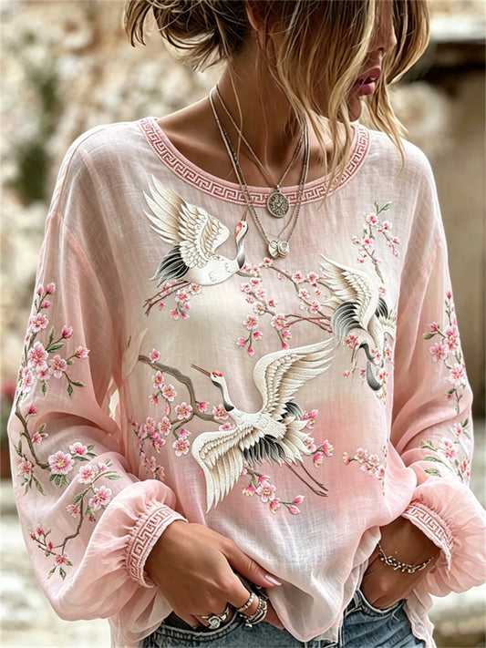 Chemise en coton-lin chic femme grues volantes et fleur de cerisier imprimé art japonais