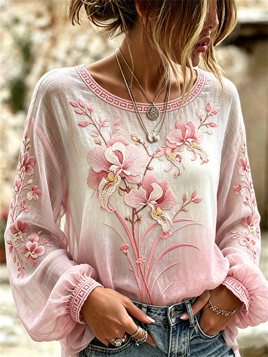 Femme Classy Orchidée Fleurs Imprimé Art Japonais Gradient Coton-Lin Chemise