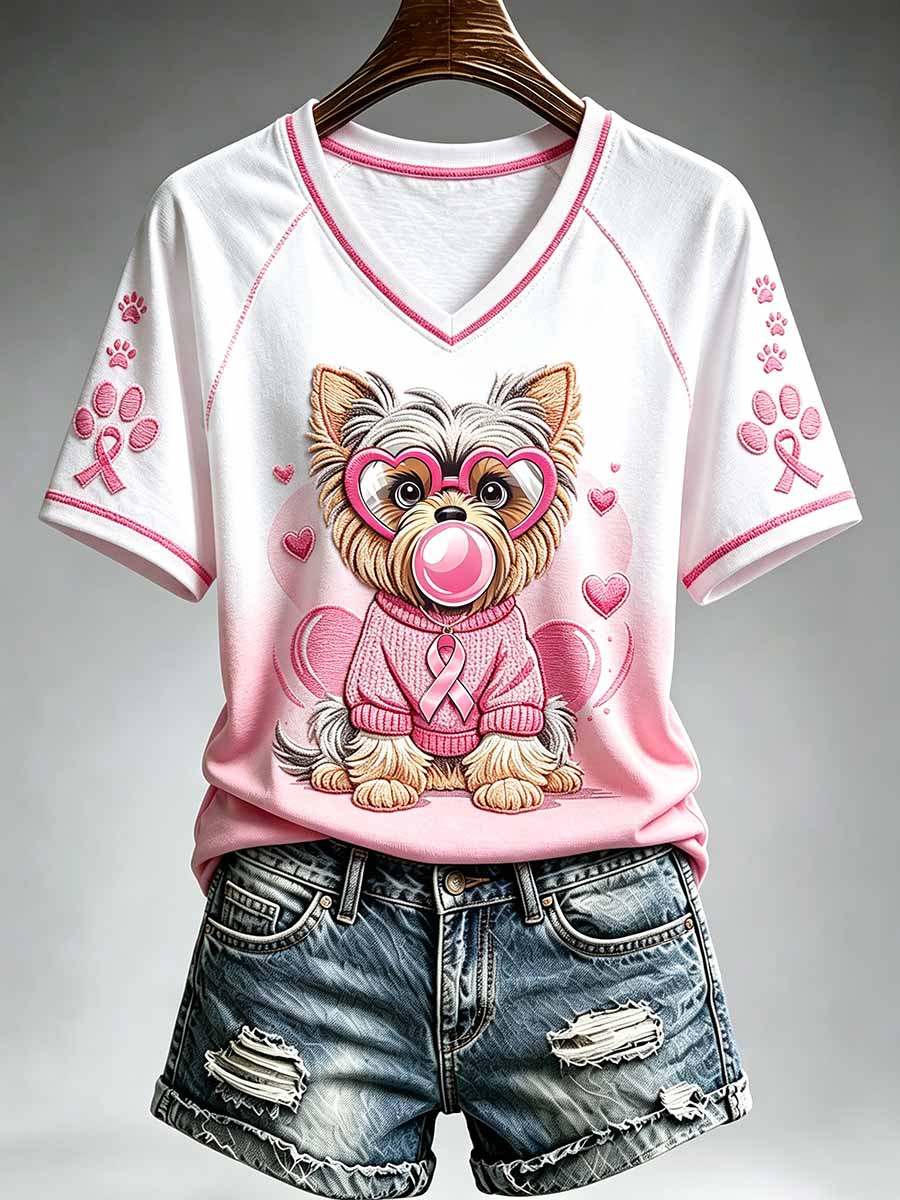 T-shirt imprimé pour la sensibilisation au cancer du sein, motif chats pour femmes