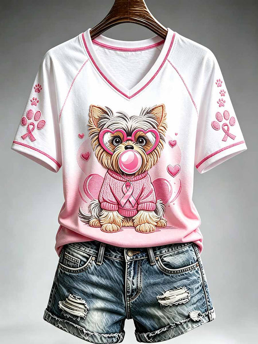 T-shirt imprimé pour la sensibilisation au cancer du sein, motif chats pour femmes