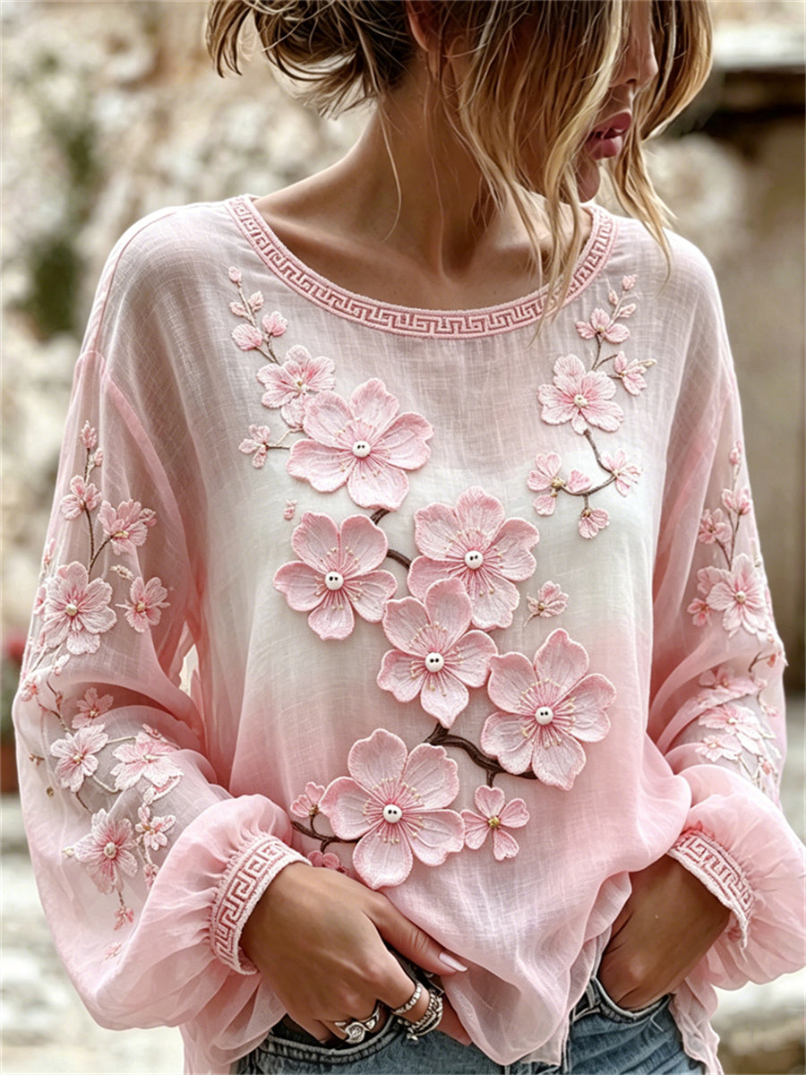 Chemise Femme Style Cherry Blossom Imprimé Art Japonais Coton-Lin