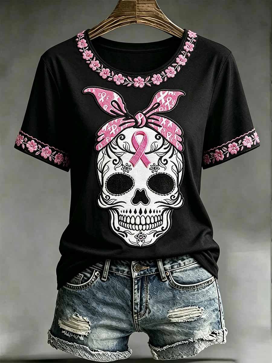 Skull Pattern Sensibilisation au cancer du sein des femmes T-shirt imprimé