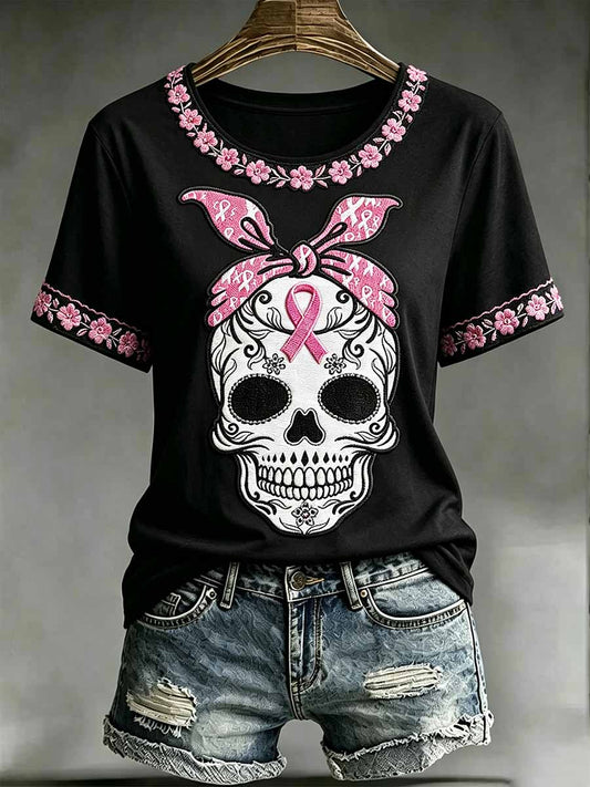 Skull Pattern Sensibilisation au cancer du sein des femmes T-shirt imprimé