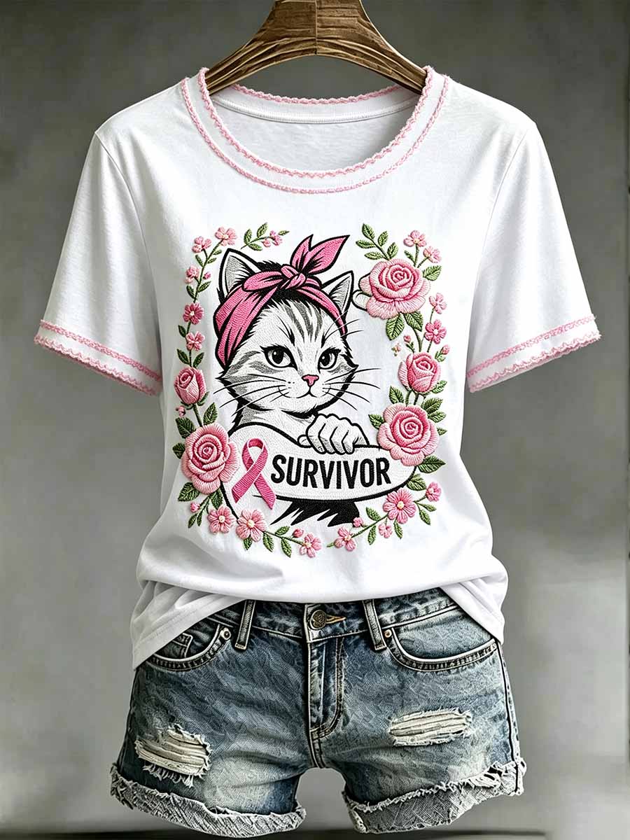 T-shirt imprimé pour la sensibilisation au cancer du sein, motif chats pour femmes