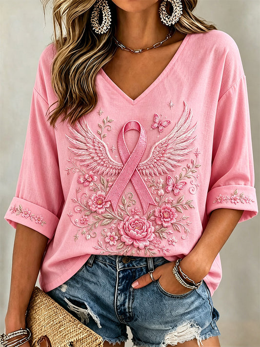 T-shirt rose à manches mi-longues et col en V, imprimé floral, en soutien à la sensibilisation au cancer du sein