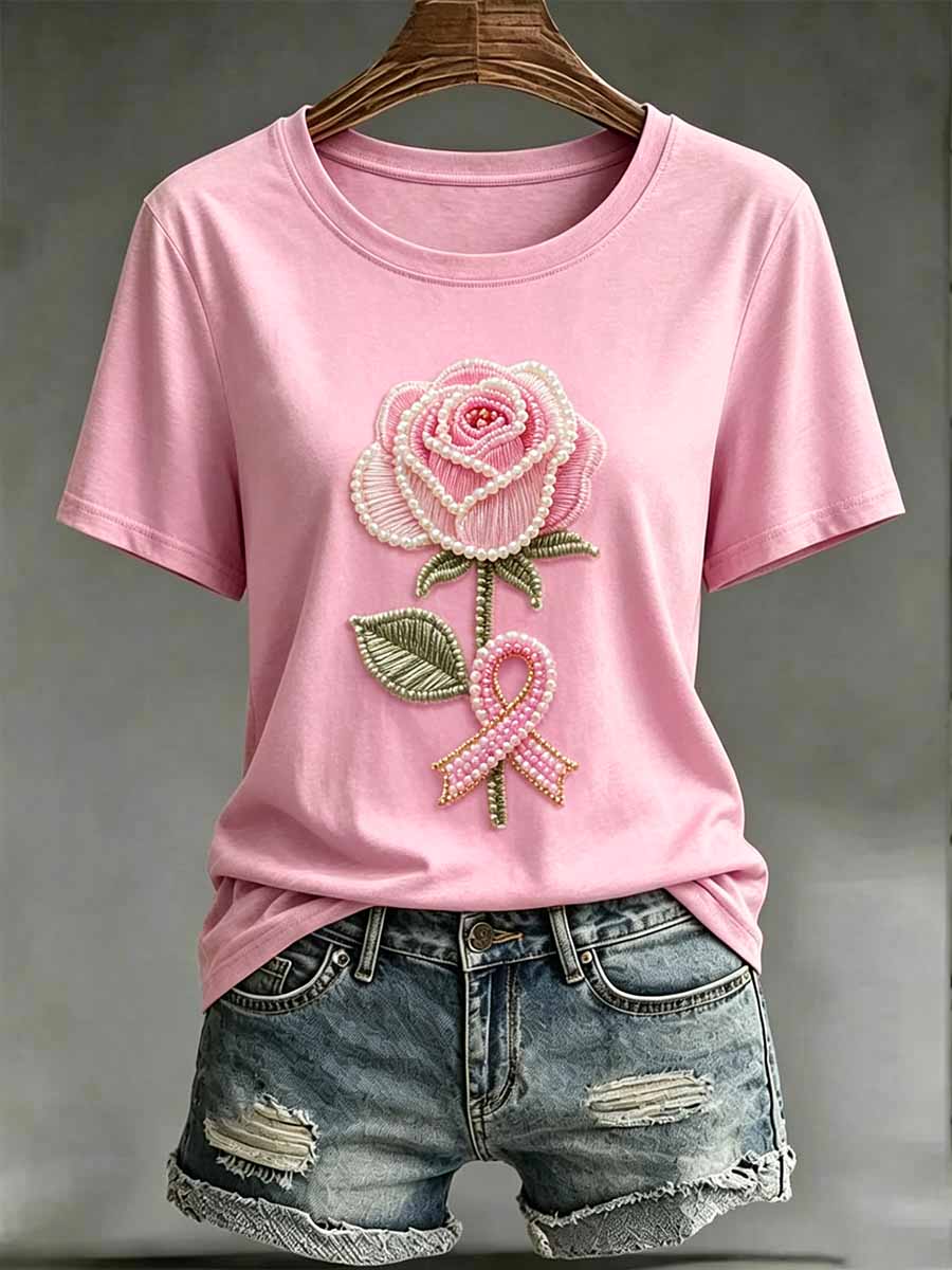 T-shirt imprimé floral de soutien de cancer du sein de la mode des femmes