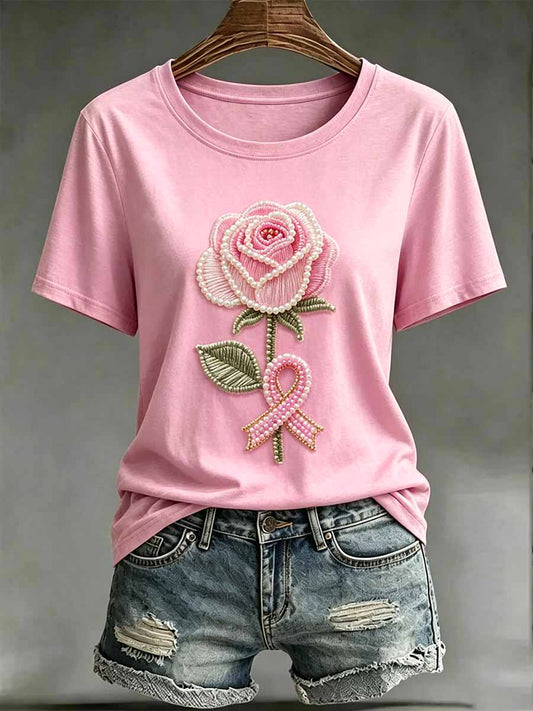 T-shirt imprimé floral de soutien de cancer du sein de la mode des femmes