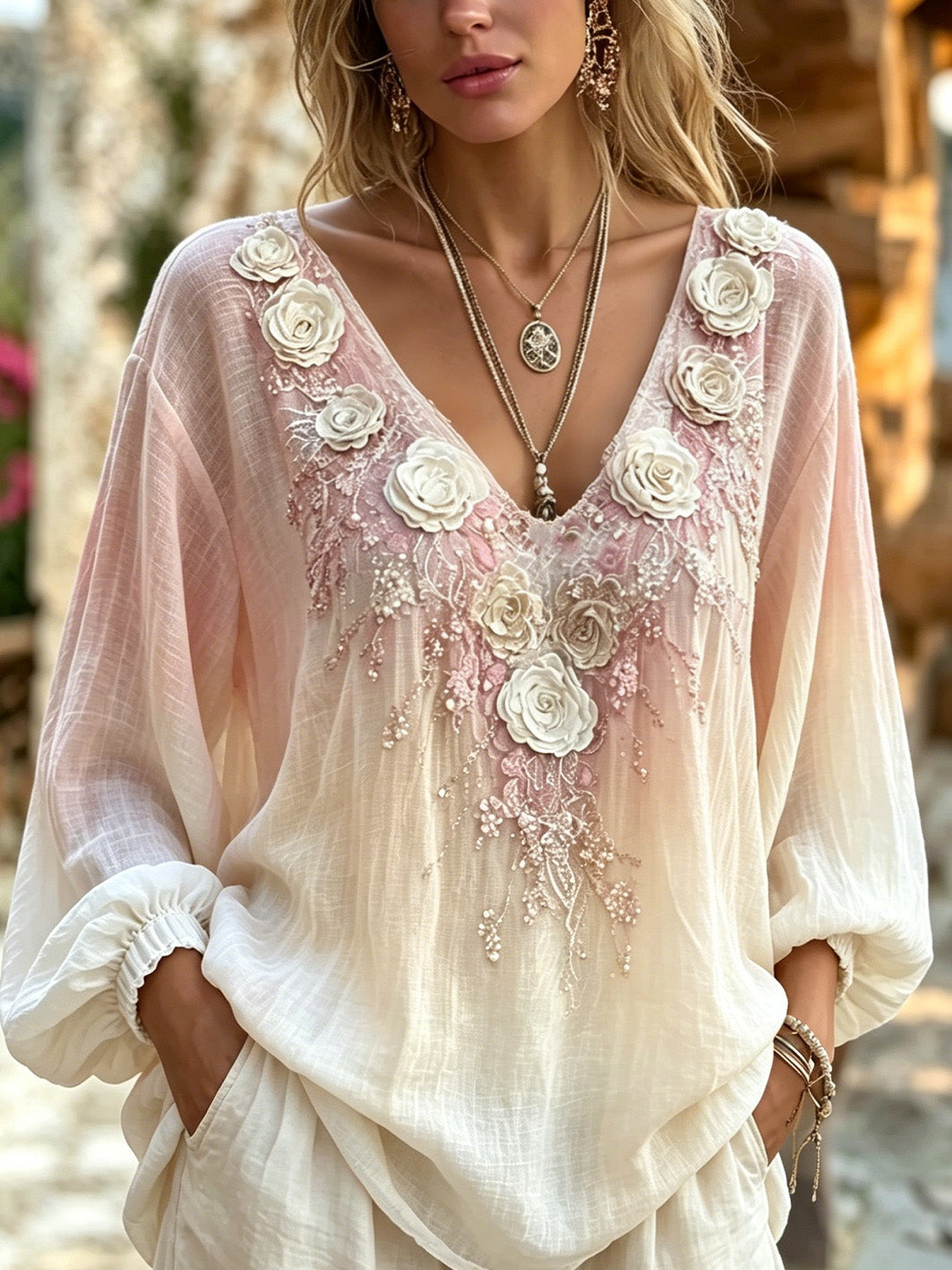 Chemise décontractée en coton et lin pour femme, à motif floral rose