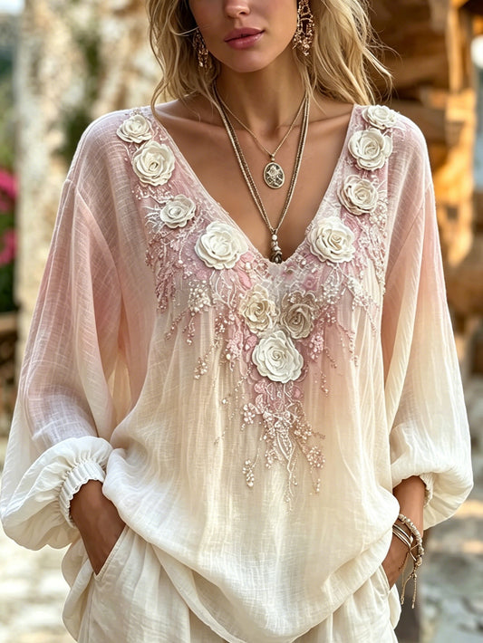 Chemise décontractée en coton et lin pour femme, à motif floral rose