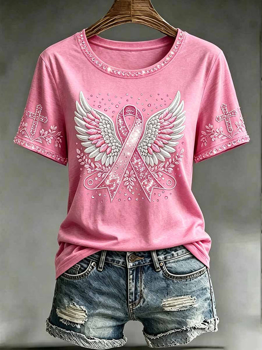T-shirt imprimé de soutien du cancer du sein d'aile d'ange de mode des femmes