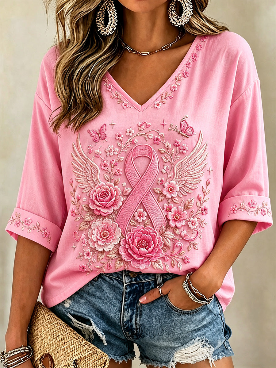 T-shirt rose à manches mi-longues et col en V, imprimé floral, en soutien à la sensibilisation au cancer du sein