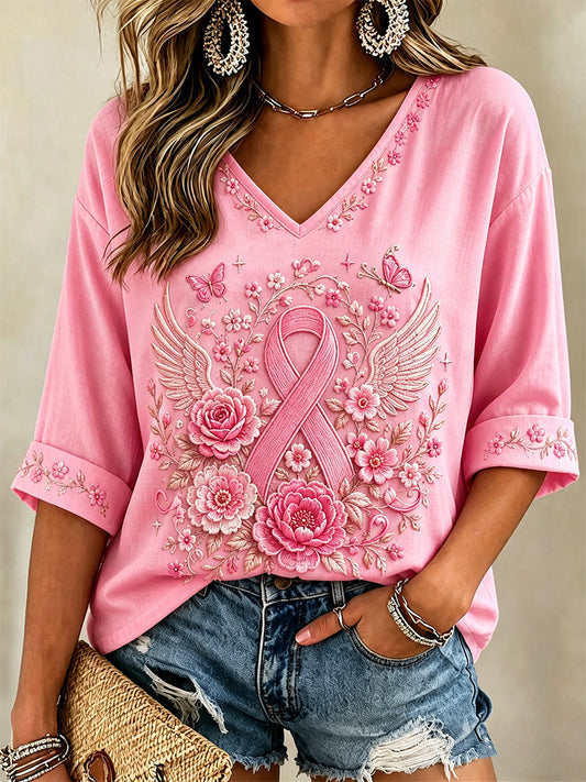 T-shirt rose à manches mi-longues et col en V, imprimé floral, en soutien à la sensibilisation au cancer du sein